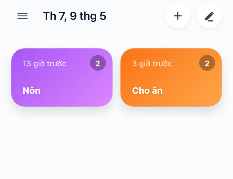 Màn hình chính TapDiary với nút Nôn và nút Ăn, mỗi nút kèm số lần ghi hôm nay và đã bao lâu kể từ lần ghi gần nhất