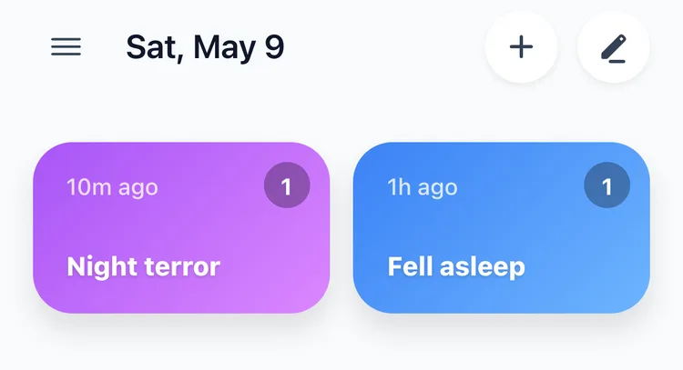 The TapDiary home screen with a Night terror button and a Fell asleep button, each showing the time since the last record and today's count