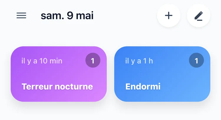 L’écran principal de TapDiary avec un bouton Terreur nocturne et un bouton Endormi, chacun affichant le temps écoulé depuis le dernier relevé et le nombre du jour