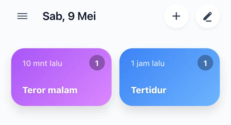 Layar utama TapDiary dengan tombol Teror malam dan tombol Tertidur, masing-masing menampilkan waktu sejak catatan terakhir dan jumlah hari ini