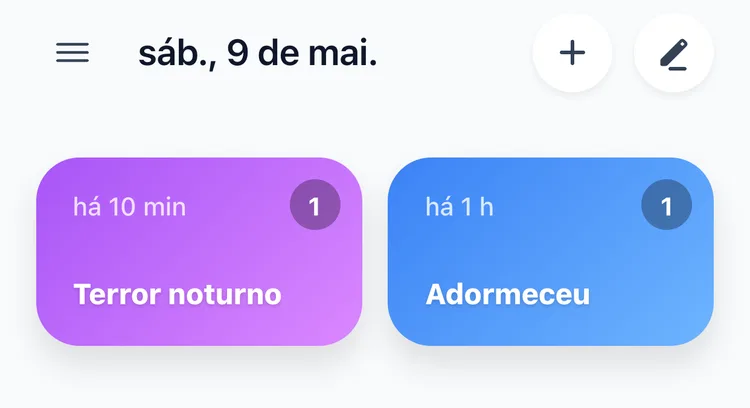 A tela principal do TapDiary com os botões de terror noturno e de adormeceu, cada um com o tempo desde o último registro e as vezes de hoje
