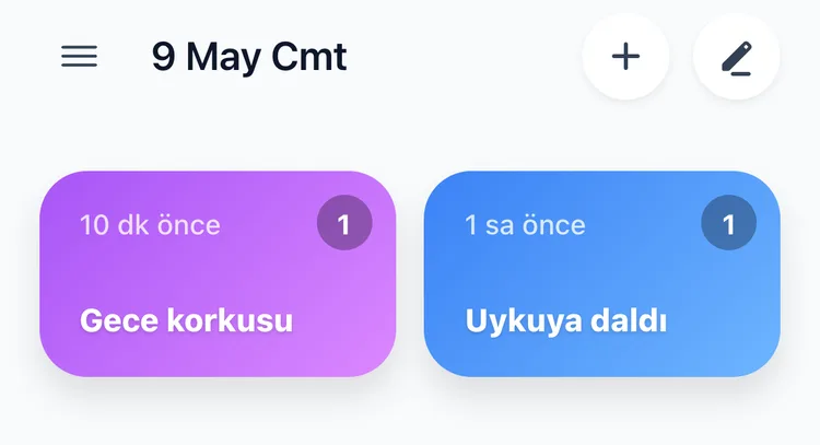 Gece korkusu ve Uykuya daldı düğmelerinin son kayıttan bu yana geçen süre ve bugünkü sayıyla birlikte durduğu TapDiary ana ekranı
