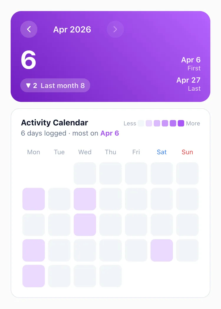 TapDiary's monthly statistics, 6 records this month against 8 last month, with a heatmap showing the nights scattered across the month