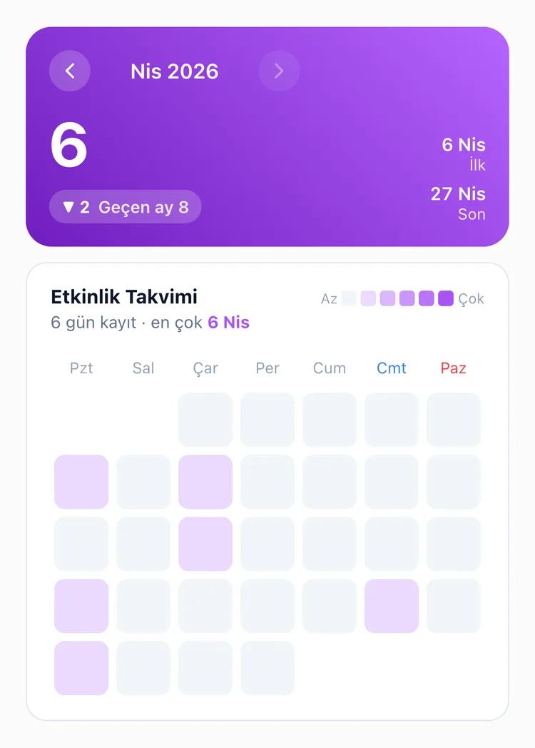 Bu ay 6, geçen ayki 8 kayda göre azalma ve kaydedilen günlerin dağınık durduğu ısı haritasıyla TapDiary aylık istatistiği