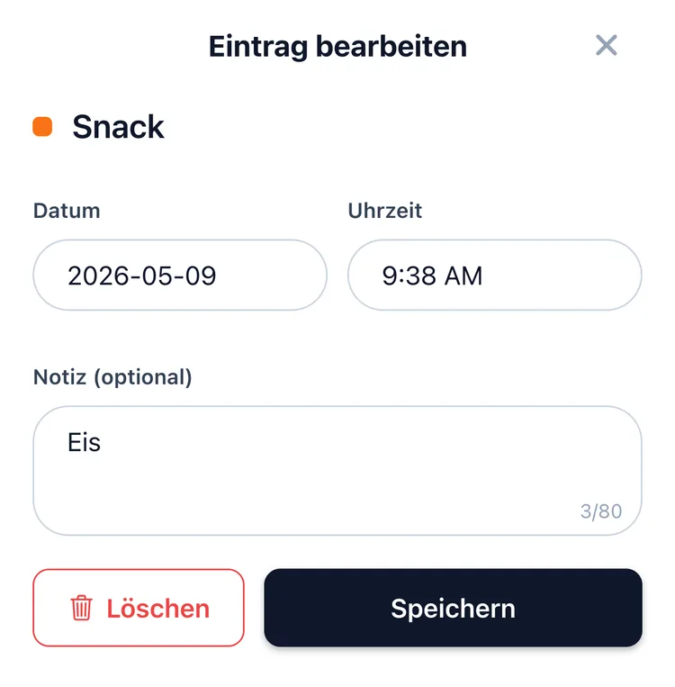 Das Eingabefeld von TapDiary mit Datum, Uhrzeit und Notiz