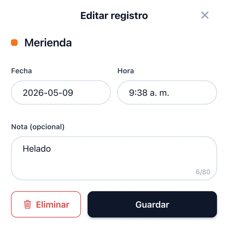 La hoja de registro de TapDiary, con la fecha, la hora y una nota