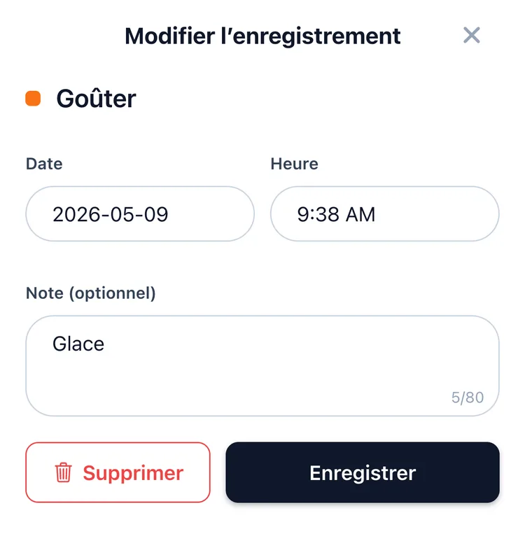 La fiche d’entrée de TapDiary, avec la date, l’heure et une note