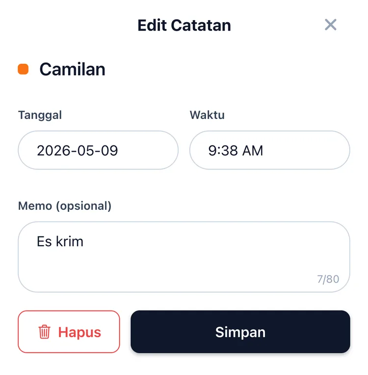 Lembar catatan TapDiary dengan kolom tanggal, waktu, dan catatan