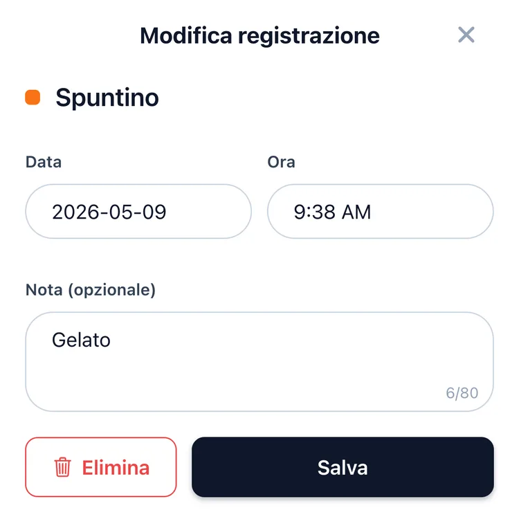 La scheda di registrazione di TapDiary, con data, ora e una nota