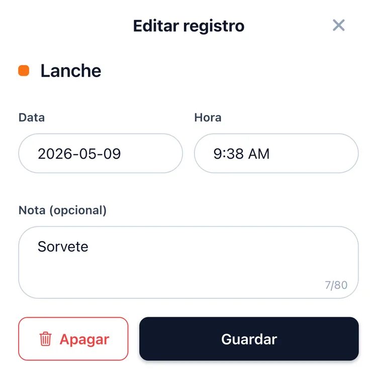 A folha de registro do TapDiary, com a data, o horário e uma nota