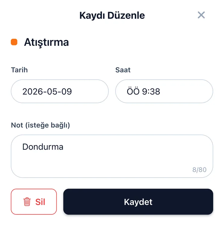 TapDiary kayıt kartı: tarih, saat ve not alanlarıyla