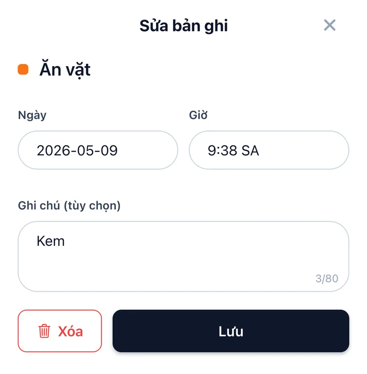 Phiếu ghi của TapDiary với các ô ngày, giờ và ghi chú