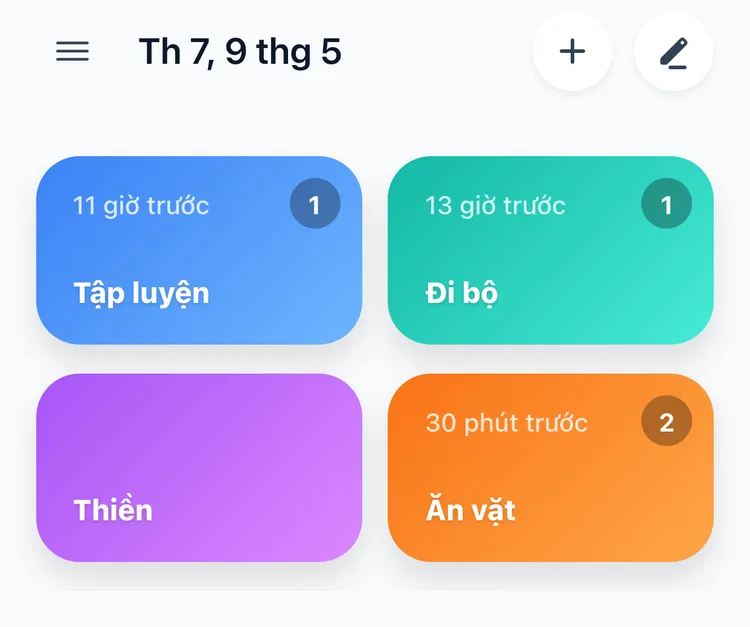 Màn hình chính TapDiary với bốn nút Thể dục, Đi bộ, Thiền, Ăn vặt, mỗi nút hiện thời gian kể từ lần ghi gần nhất và số lần hôm nay
