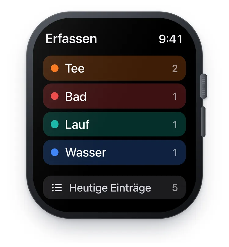 Die TapDiary-App auf der Apple Watch mit den Buttons Tee, Bad, Lauf und Wasser, jeweils mit der Anzahl von heute