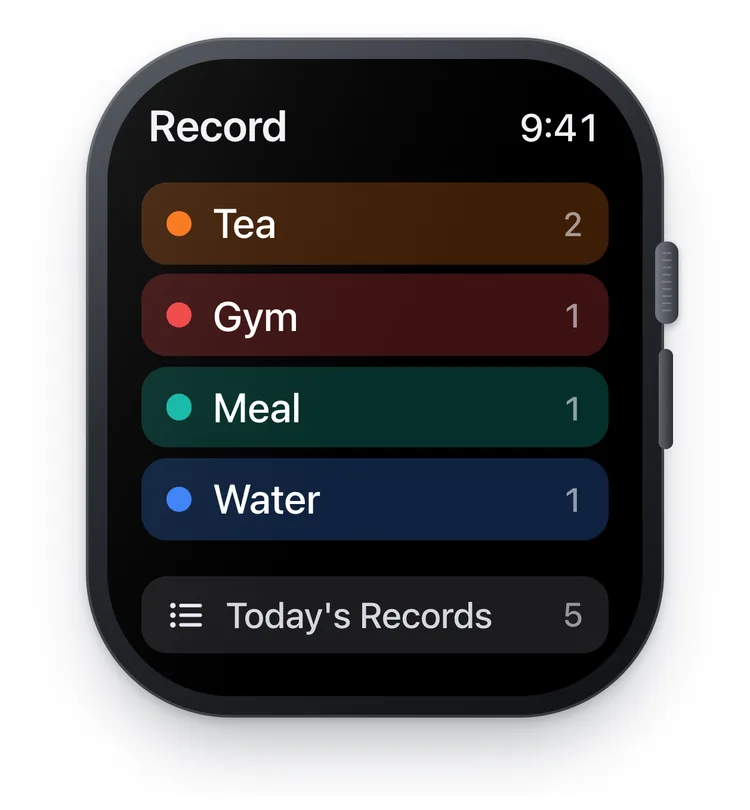 The TapDiary watch app on an Apple Watch, with Tea, Gym, Meal and Water buttons and today's count for each