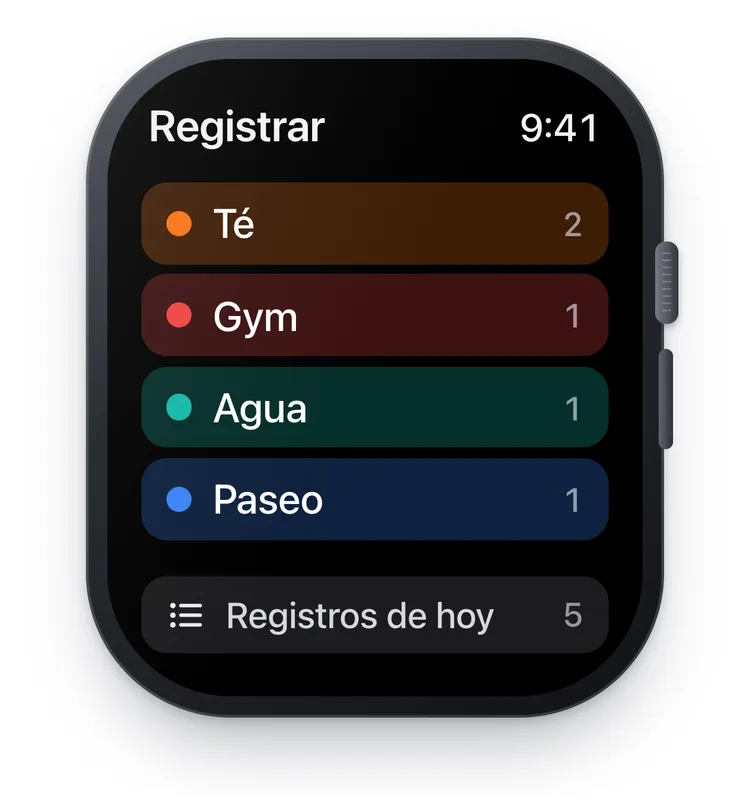 La app de TapDiary en el Apple Watch con los botones Té, Gym, Agua y Paseo, cada uno con su recuento de hoy