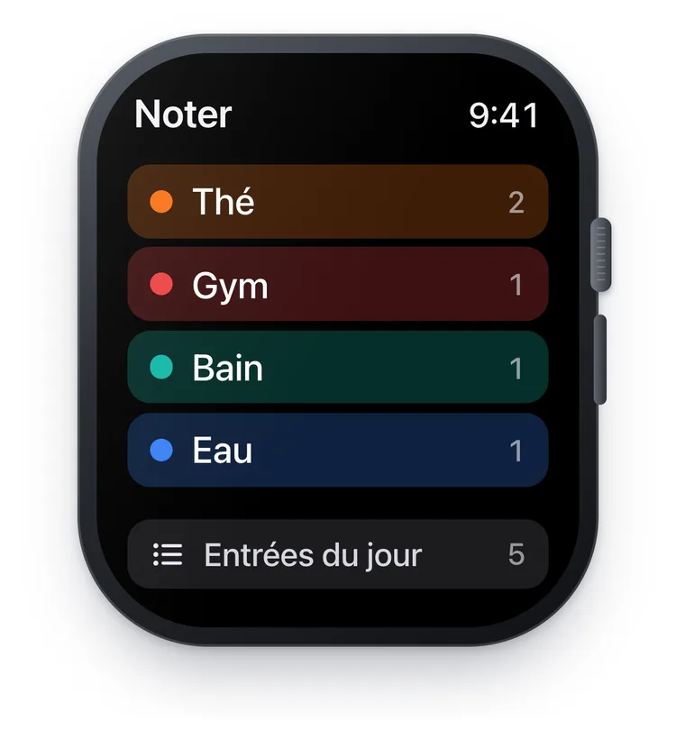 L’app TapDiary sur l’Apple Watch avec les boutons Thé, Gym, Bain et Eau, chacun avec son nombre du jour