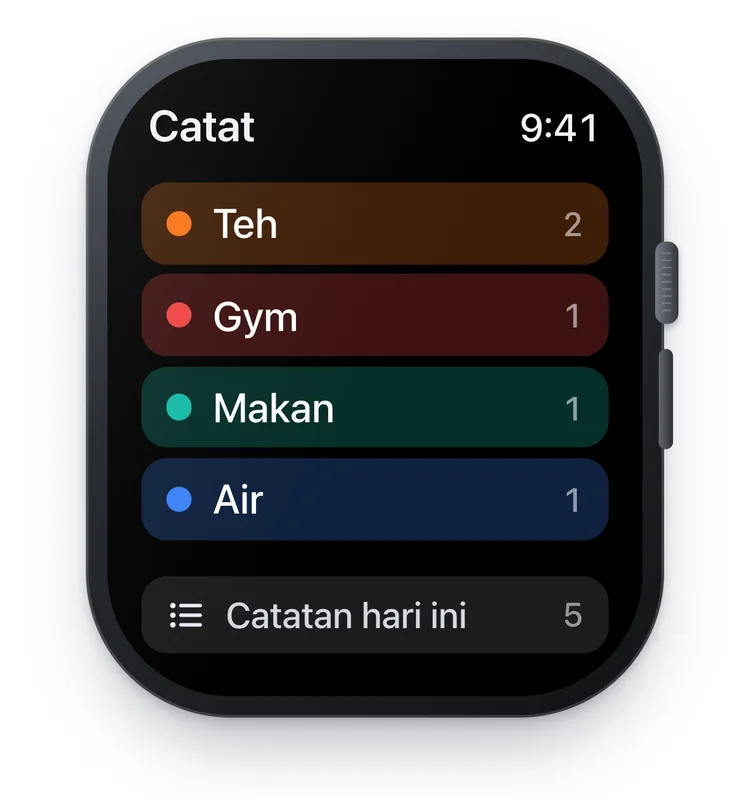 Aplikasi TapDiary di Apple Watch dengan tombol Teh, Gym, Makan, dan Air beserta jumlah catatan hari ini