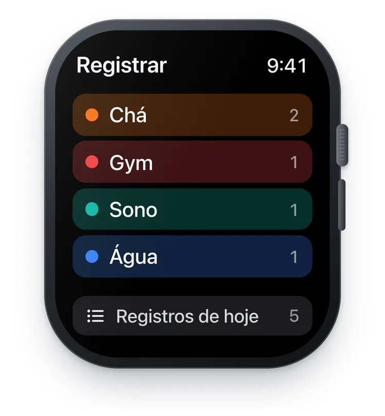 O app do TapDiary no Apple Watch com os botões Chá, Gym, Sono e Água, cada um com a contagem de hoje