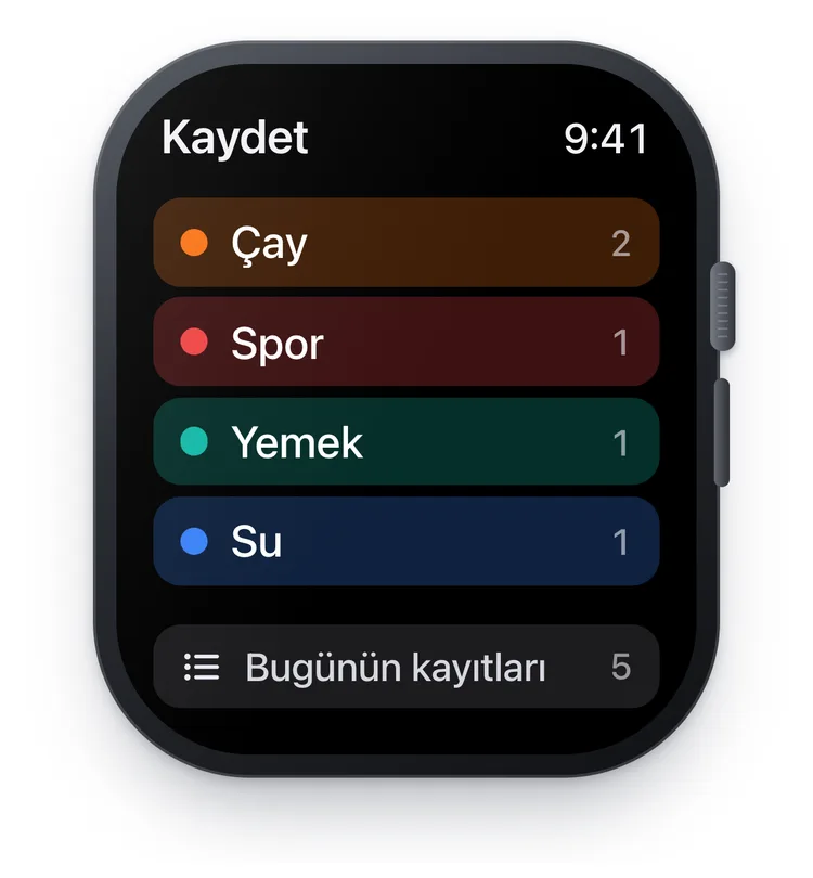 Apple Watch'ta TapDiary saat uygulaması: bugünkü kayıt sayılarıyla Çay, Spor, Yemek ve Su düğmeleri