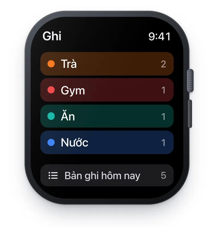Ứng dụng TapDiary trên Apple Watch với các nút Trà, Gym, Ăn, Nước, kèm số lần đã ghi hôm nay