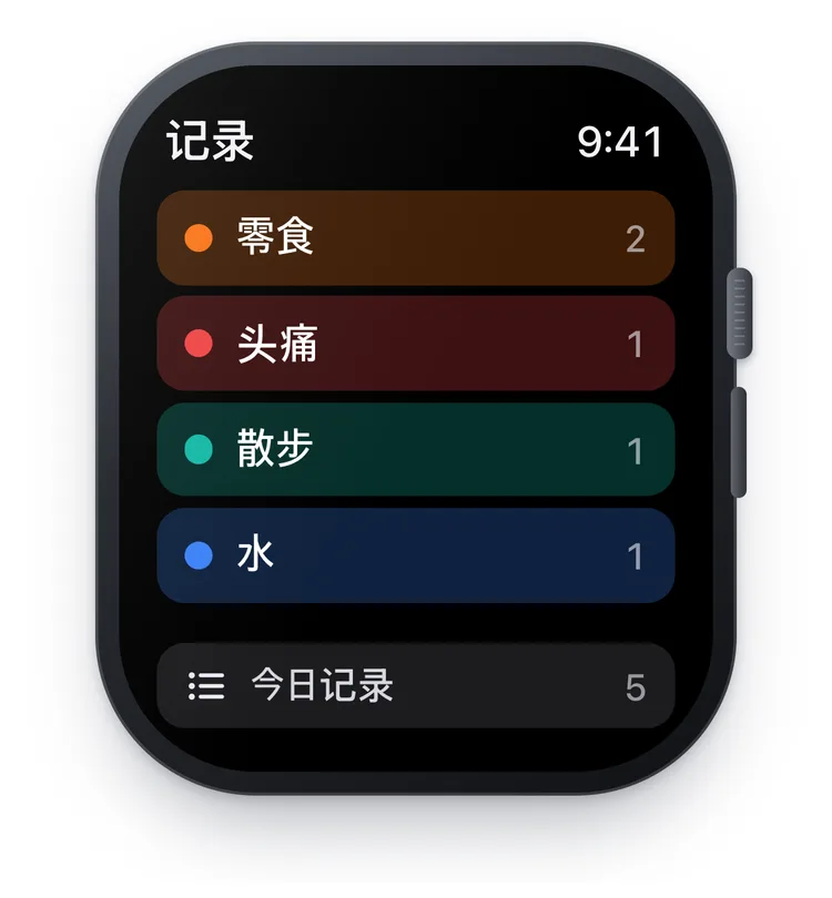 Apple Watch 屏幕上显示零食、头痛、散步、水按钮和今天记录次数的 TapDiary 手表 App