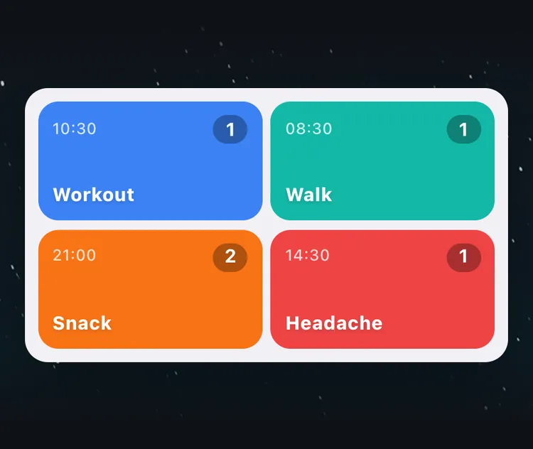 A TapDiary home screen widget with four tiles, Workout, Walk, Snack and Headache, each showing its last record time and today's count