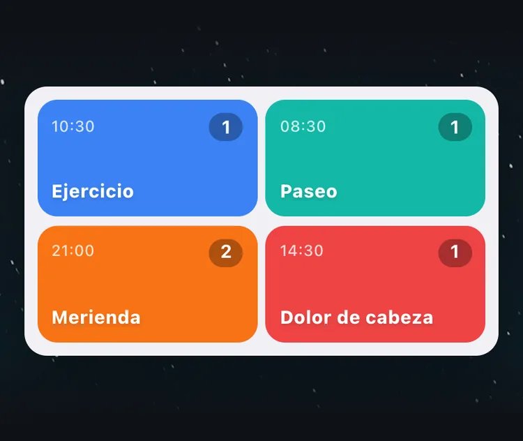 El widget de la pantalla de inicio de TapDiary con cuatro casillas, Ejercicio, Paseo, Merienda y Dolor de cabeza, cada una con la hora del último registro y el recuento de hoy