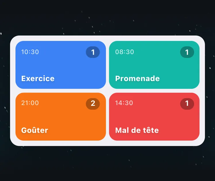 Le widget de l’écran d’accueil de TapDiary avec quatre cases, Exercice, Promenade, Goûter et Mal de tête, chacune avec l’heure du dernier enregistrement et le nombre du jour