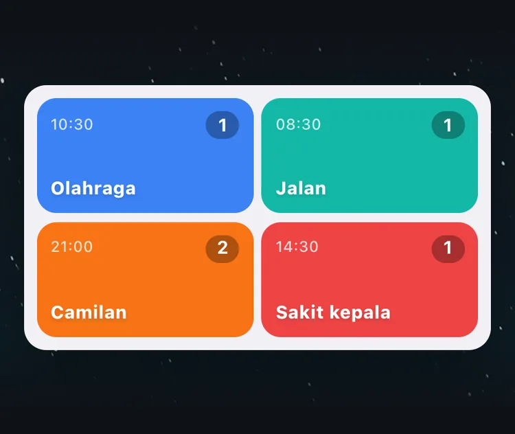 Widget layar utama TapDiary dengan empat kotak, Olahraga, Jalan, Camilan, dan Sakit kepala, masing-masing dengan jam catatan terakhir dan jumlah hari ini