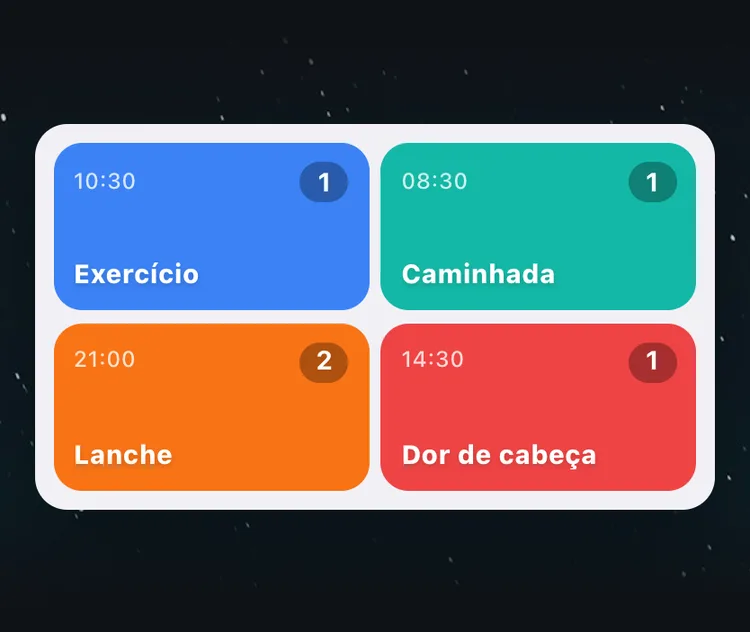 O widget da tela inicial do TapDiary com quatro espaços, Exercício, Caminhada, Lanche e Dor de cabeça, cada um com o horário do último registro e a contagem de hoje