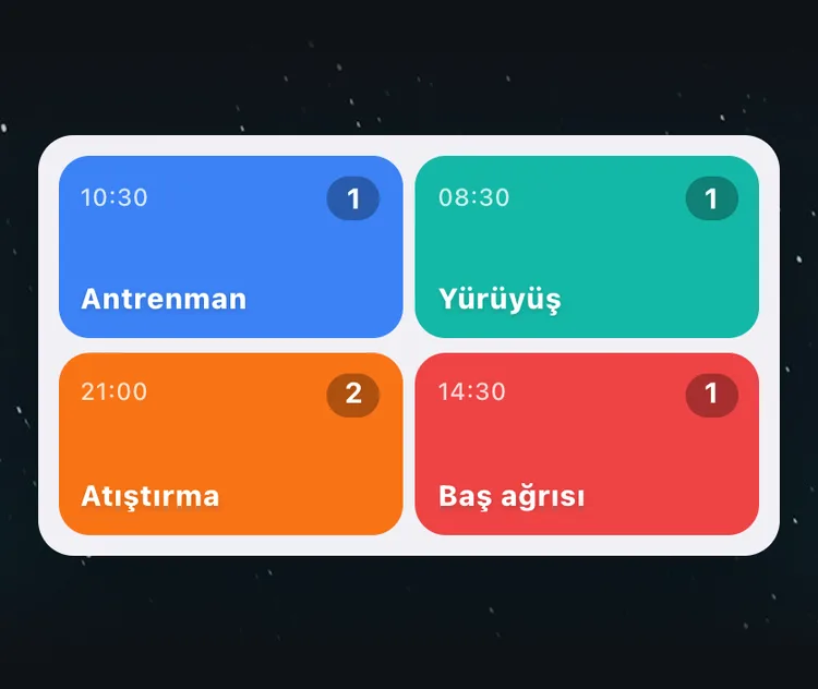 TapDiary ana ekran widget'ı: Antrenman, Yürüyüş, Atıştırma ve Baş ağrısı olmak üzere dört göz, her birinde son kayıt saati ve bugünkü sayı