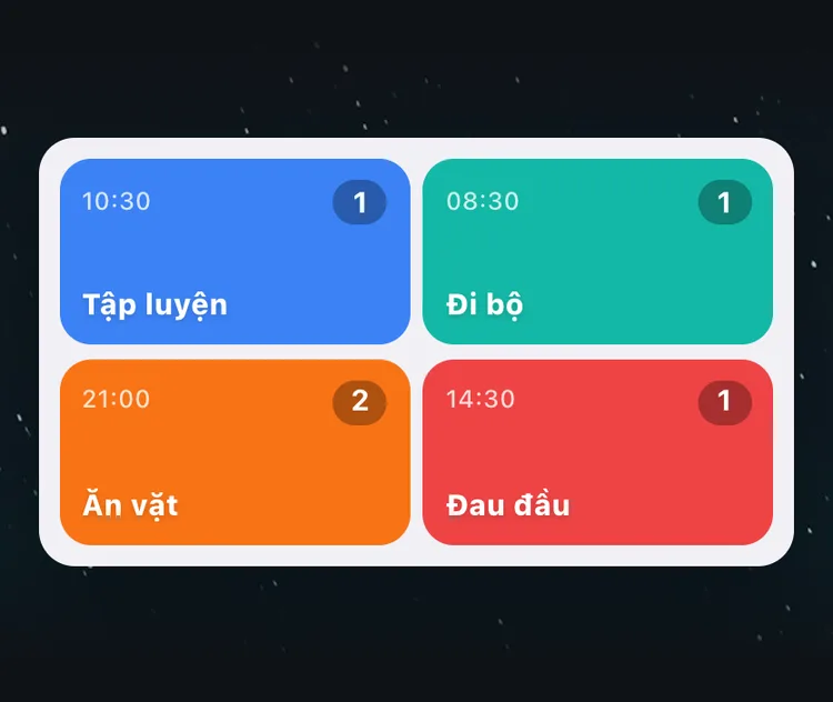 Tiện ích màn hình chính của TapDiary với bốn ô Tập luyện, Đi bộ, Ăn vặt, Đau đầu, mỗi ô kèm giờ ghi gần nhất và số lần hôm nay