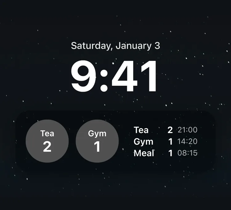An iPhone lock screen with round Tea and Gym button widgets and a widget listing today's records under the clock