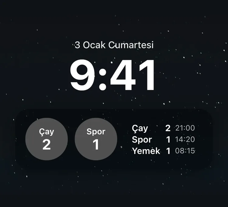 iPhone kilit ekranında saatin altında Çay ve Spor yuvarlak düğme widget'ları ile Çay, Spor ve Yemek'i listeleyen Bugünün Kayıtları widget'ı