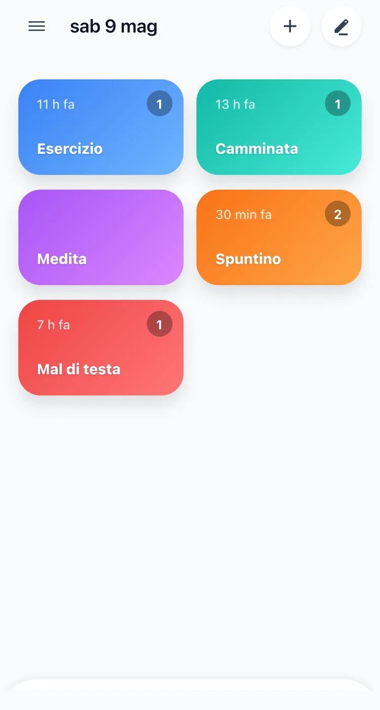 La schermata principale di TapDiary con i pulsanti per sport, passeggiata, meditazione, spuntino e mal di testa, ognuno con il tempo trascorso dall'ultima registrazione e il conteggio di oggi