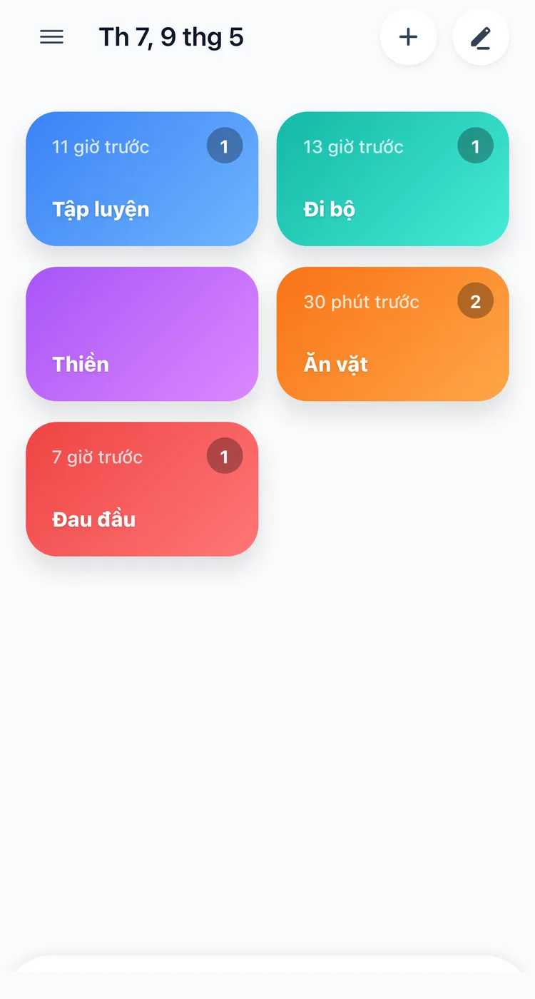 Màn hình chính của TapDiary với các nút thể dục, đi bộ, thiền, ăn vặt và đau đầu, mỗi nút hiện thời gian kể từ lần ghi gần nhất và số lần hôm nay