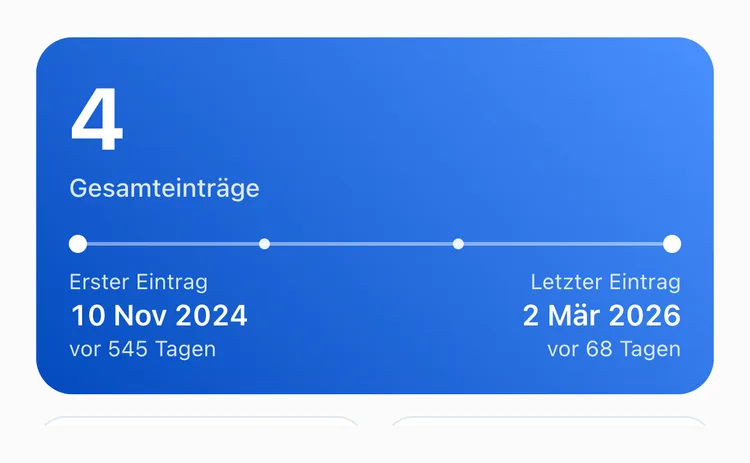 Der Tab Alle in der TapDiary-Statistik für den Button Neue Zahnbürste mit 4 Gesamteinträgen, Erster Eintrag 10 Nov 2024 und Letzter Eintrag 2 Mär 2026, vor 68 Tagen