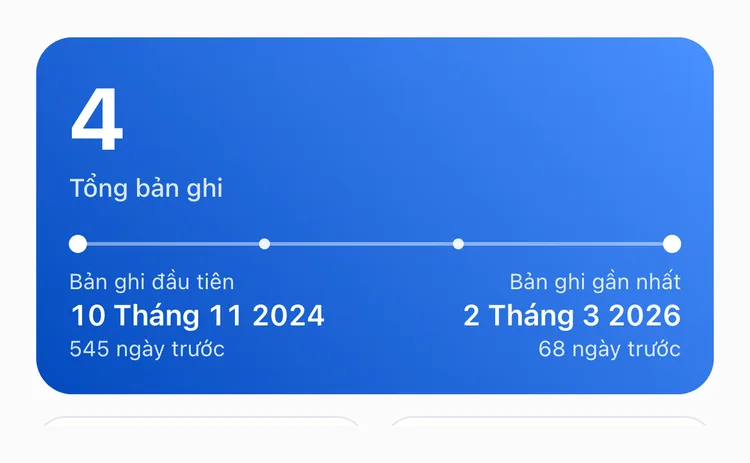 Tab Tất cả trong Thống kê TapDiary của nút Thay bàn chải: tổng 4 bản ghi, bản ghi đầu tiên 10 Tháng 11 2024, bản ghi gần nhất 2 Tháng 3 2026, 68 ngày trước